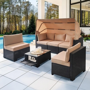 Velký ratanový zahradní set Avenberg GALIA černá/modrá + béžové potahy